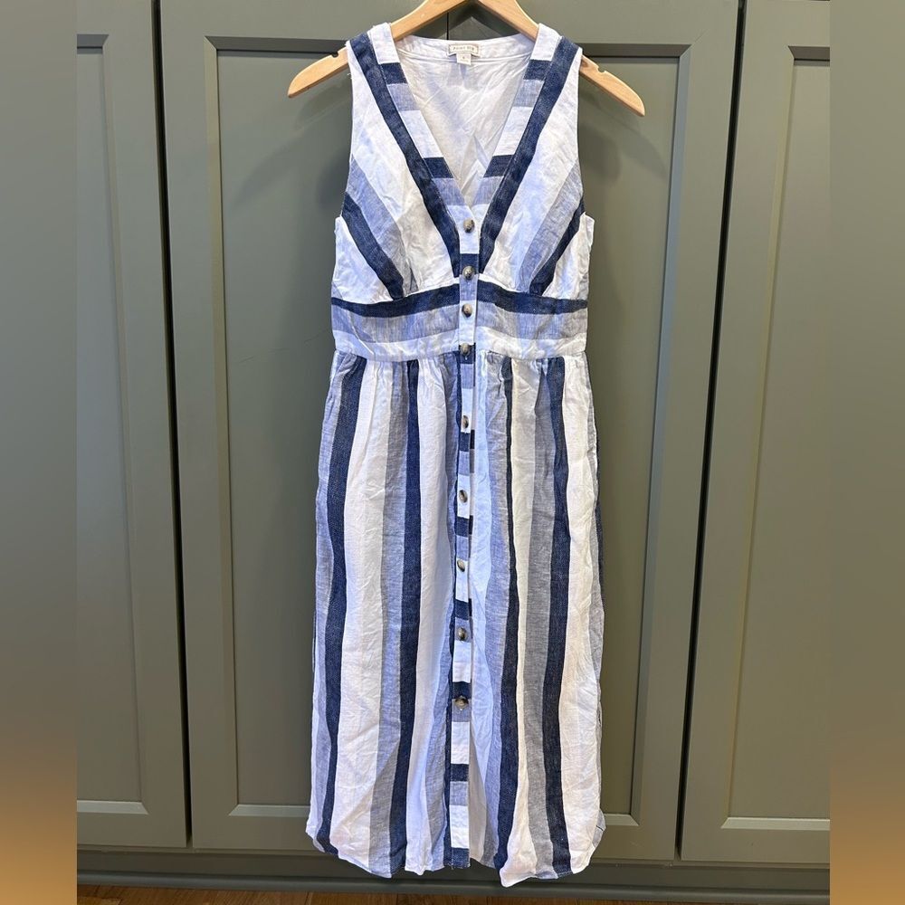 Point Sur Linen Blue Striped Midi Dress